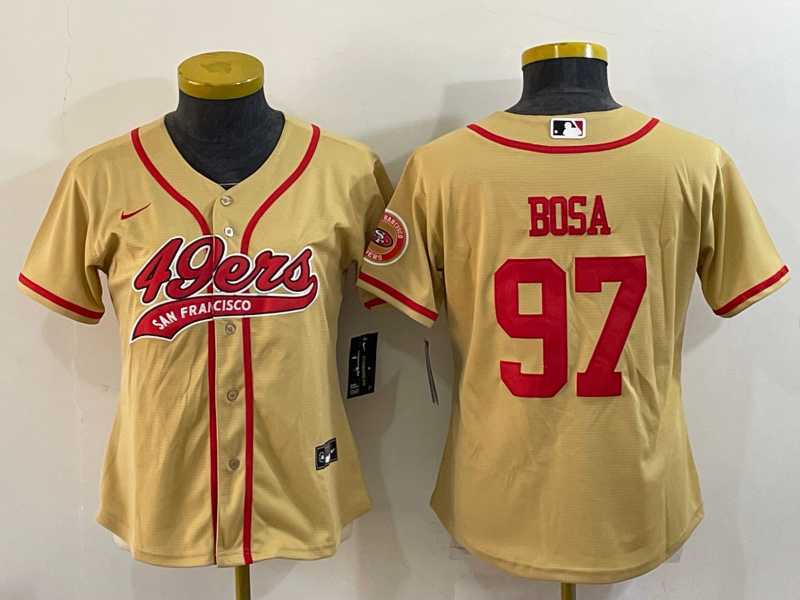 Womens San Francisco 49ers #97 Nick Bosa Gold With Patch Cool Base Stitched Baseball Jersey